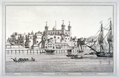 Söderutsikt över Tower of London med båtar på Themsen, 1795 av Joseph Constantine Stadler