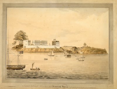 Vy över Bance Island, Sierra Leone, Afrika, ca 1805 (akvarell) av Joseph Corry