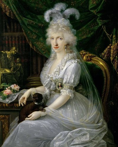 Tyska: Marie Luise (Ludovica) av Neapel-Sicilien (1773-1802), hustru till Ferdinand III av Toscana, sittande vid ett bord, knälångt porträtt av Luisa Maria Amelia Teresa av Neapel och Sicilien, prinsessa av Neapel och Sicilien (1773-1802), storhertiginnan  av Joseph Dorffmeister