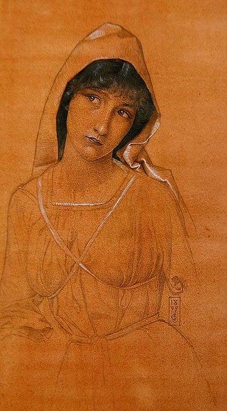 Flicka som bär en kappa (penna och akvarell på papper) av Joseph Edward Southall