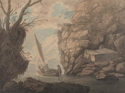 En segeljolle med tre män som lämnar ett stenigt inlopp av Joseph Farington