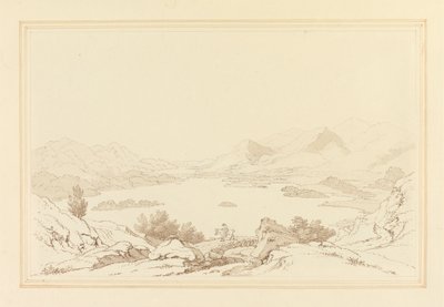 Allmän utsikt över Lake of Derwent Water (penna och bläck med wc över grafit på vävt papper) av Joseph Farington