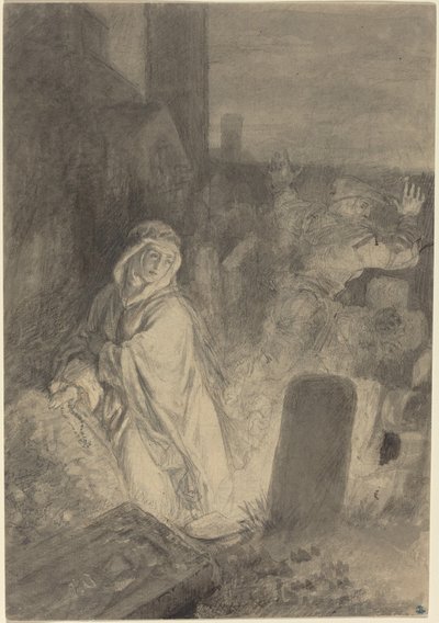 En man som flyr från en nunna som ber på en kyrkogård av Joseph Fay