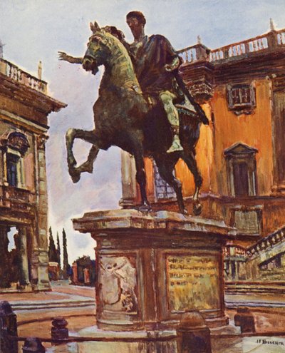 Rom: Statyn av Marcus Aurelius, Piazza del Campidoglio (färglitografi) av Joseph Felix Bouchor