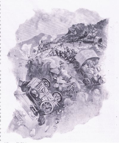 Boerna förstör sina vagnar vid Spitzkop, illustration från After Pretoria: The Guerilla War, 1902 av Joseph Finnemore