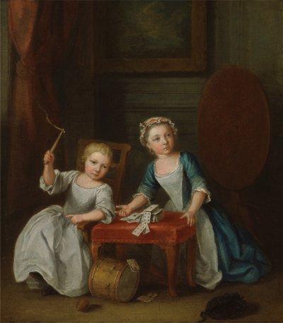 Två barn av familjen Nollekens, förmodligen Jacobus och Maria Sophia, leker med en topp och spelar kort, 1745 av Joseph Francis Nollekens