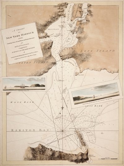 Ett sjökort över New Yorks hamn med sonderingar, utblickar över landmärken och nautiska anvisningar för användning av lotsar. Sammansatt av undersökningar och observationer av löjtnanter John Knight John Hunter från flottan och andra. av Joseph Frederick Wallet DesBarres