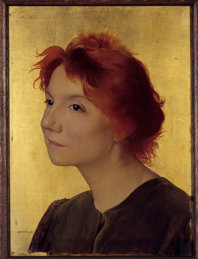 Porträtt av Yvette Guilbert (1867-1944) sångerska. Porträtt av en kvinna med rött hår på en guldbakgrund. Målning av Joseph Granie (1861-1915) 1895 sön. 0,41x0,31 m Paris, musee d