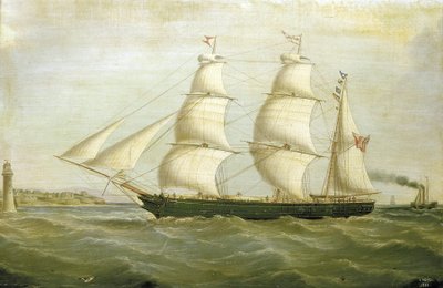 Segelbåten "Queen Bee" (byggd 1852), med en fyr på ena sidan byggd av hus. Oljemålning av Joseph Heard