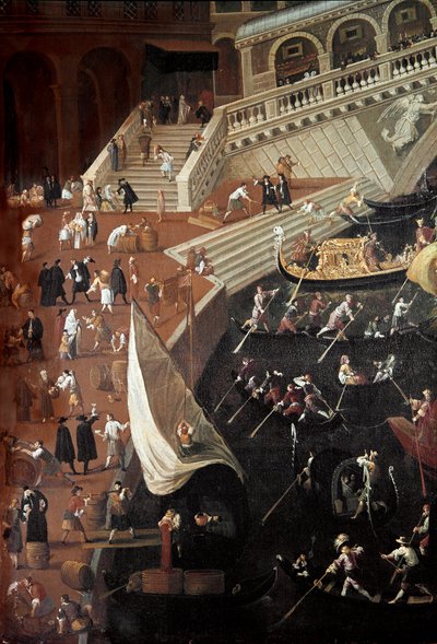 Regat vid Ponte di Rialto i Venedig, detalj av hamnen (Målning av Joseph Heintz