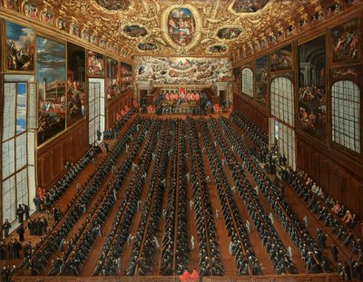 Interiören i Sala Maggior Consiglio, Dogepalatset, Venedig, med patricier som röstar på en bulletin för val av nya magistrater av Joseph Heintz the Younger