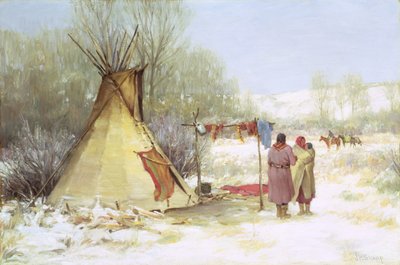 Indianer återvänder till ett vinterläger (olja på duk) av Joseph Henry Sharp