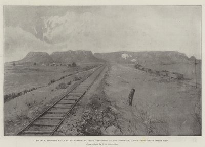 De Aar, visar Railway to Kimberley, med Tafelberg i fjärran, cirka trettiofem mil bort av Joseph Holland Tringham