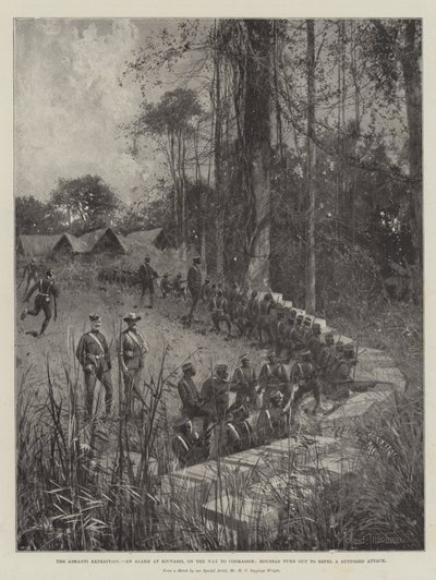 Ashanti-expeditionen, ett larm vid Ejuvassi på väg till Coomassie, Houssas slår tillbaka en förmodad attack. av Joseph Holland Tringham