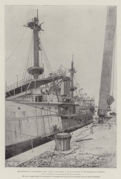 Byggandet av ett stridsfartyg, HMS Ocean, Twin-Screw, 1:a klass, 12 950 ton, på varvet i Plymouth av Joseph Holland Tringham