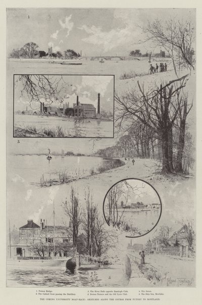 The Coming University Boat-Race, skisser längs banan från Putney till Mortlake av Joseph Holland Tringham