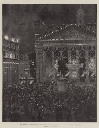 The Coronation Illuminations på Royal Exchange, med Bank of England till vänster av Joseph Holland Tringham