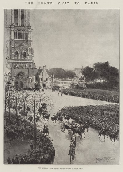 Tsarens besök i Paris, det kejserliga sällskapet lämnar Notre Dame-katedralen av Joseph Holland Tringham