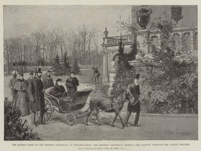Drottningens besök hos kejsarinnan Fredrik på Friedrichshof, kejsarinnan Fredrik visar hennes majestät genom slottsområdet av Joseph Holland Tringham