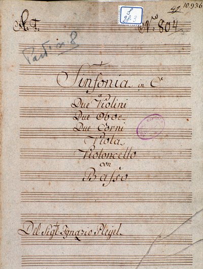 Första sidan av partitur av Symphony in C av Pleyel av Joseph Ignace Pleyel