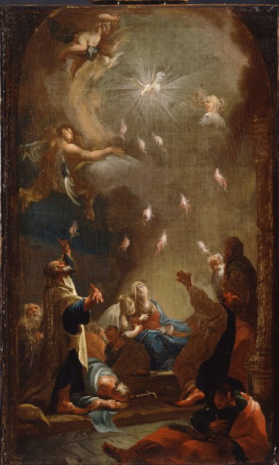 The Descent of the Holy Spirit (Pingst), Olja på duk av Joseph Ignaz Mildorfer (1719-1775), cirka 1750 - (The Descent of the Holy Spirit (Pingst), Olja på duk av J.I.Mildorfer, ca 1750) - Magyar Nemzeti Galeria (Ungern) av Joseph Ignaz Mildorfer
