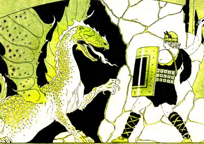 Siegfried kämpar mot draken. Legenden om Nibelungen. Illustration av Joseph Kuhn Regnier (Kuhn-Regnier) (1873-1940) för "Epopees et legendes d