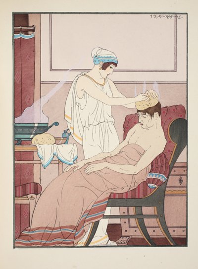 En svamp indränkt i varmt vatten appliceras på huvudet, illustration från "The Works of Hippocrates", 1934. av Joseph Kuhn Regnier