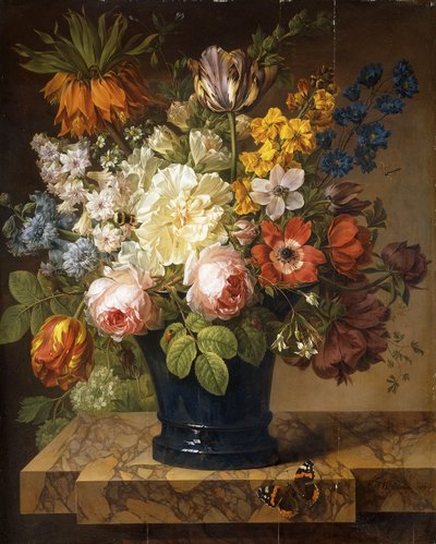 Blommor i en vas på en marmoravsats med en röd amiral, en humla, två skalbaggar och en trollslända, 1807 av Joseph Laurent Malaine
