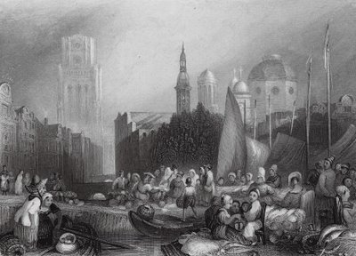 Fiskmarknad, Rotterdam (gravyr) av Joseph Mallord William (after) Turner