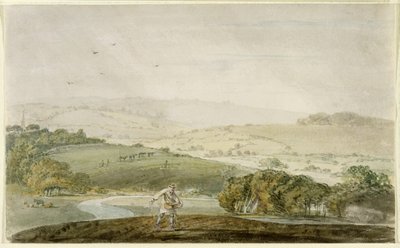 En bonde som sår, med en floddal och böljande kullar bakom, ca 1795 av Joseph Mallord William Turner