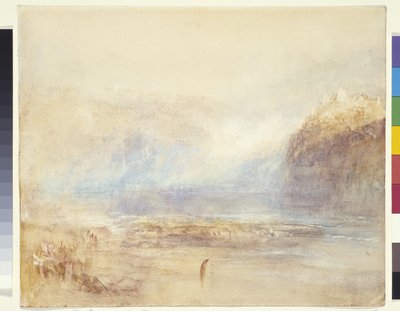 Falls Of The Rhine at Schaffhausen - Distant View (akvarell, penna och rött bläck över grå tvätt på vitt papper) av Joseph Mallord William Turner