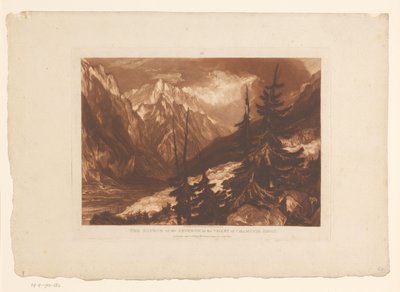 Utsikt över Chamonixdalen med floden Arveyron Källan till Arveron i Chamouni Savoy-dalen (titel på objektet) Landskapsstudier (serietitel) Liber Studiorum (serietitel) av Joseph Mallord William Turner