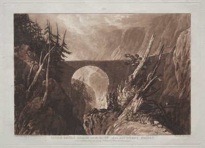 Liber Studiorum: Little Devils Bridge över Russ, ovanför Altdorft, Schweiz. av Joseph Mallord William Turner