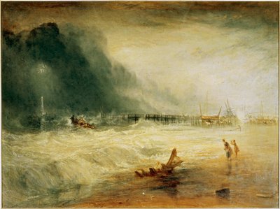 Livbåt och manskapsutrustning som går till hjälp för ett strandat fartyg som signalerar nöd ... (målning på duk) av Joseph Mallord William Turner