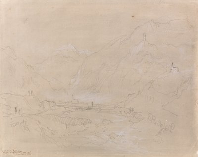 Bergigt landskap med stad i dalen, ca 1840 (grafit & grått på papper) av Joseph Mallord William Turner