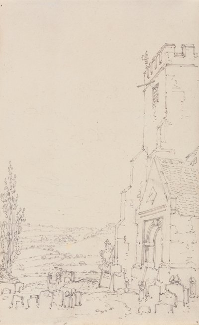 Södra portiken och tornet i en oidentifierad kyrka, ca 1790-95 (blyertspenna på papper) av Joseph Mallord William Turner