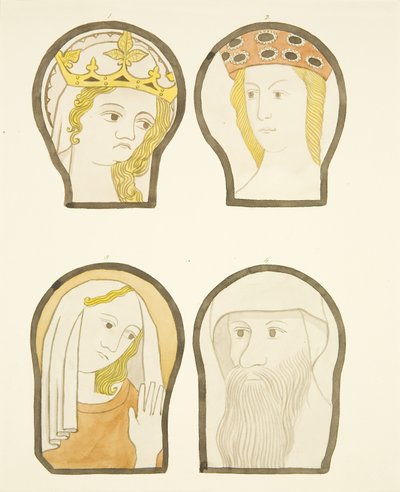 Fyra huvuden i målade glasfönster söder om koret i Bristol Cathedral (akvarell på papper) av Joseph Manning