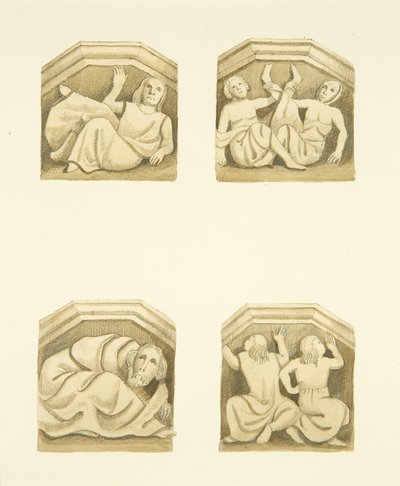 Fyra takstolar i norra verandan (ursprungligen stödjande statyer) av St Mary Redcliffe (akvarell på papper) av Joseph Manning
