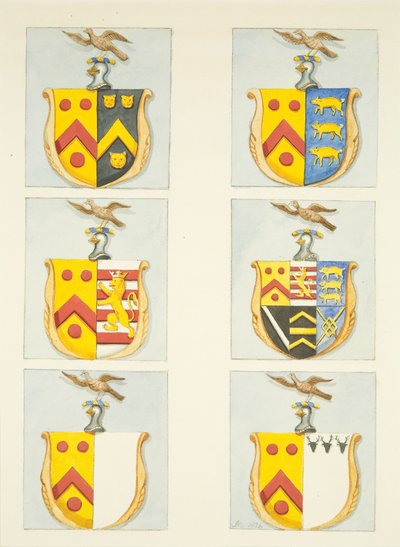 Sex vapensköldar i målat glasfönster i norra och södra gångarna (östra änden) av Bristol Cathedral (akvarell på papper) av Joseph Manning