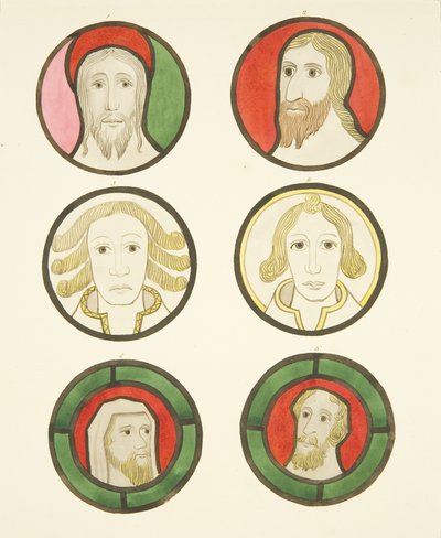 Sex huvuden i målade glasfönster norr och söder om koret i Bristol Cathedral (akvarell på papper) av Joseph Manning