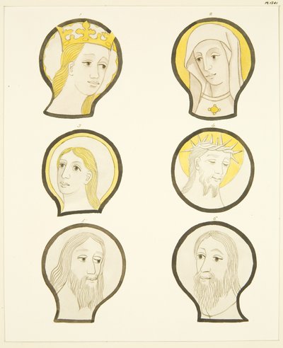 Sex huvuden i målade fönster söder om koret i Bristol Cathedral (akvarell på papper) av Joseph Manning
