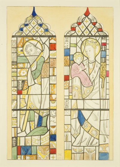 Målat glas i fönstret över typsnitt av St Mary Redcliffe (akvarell på papper) av Joseph Manning