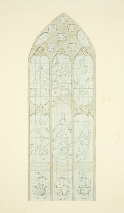Målat glasfönster i östra änden av norra gången i Bristol Cathedral (penna och akvarell på papper) av Joseph Manning