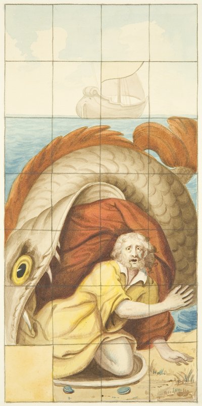 Målat glasfönster i östra änden av norra gången i Bristol Cathedral som visar Jonah and the Whale (akvarell på papper) av Joseph Manning