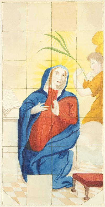 Målat glasfönster i östra änden av södra gången i Bristol Cathedral som visar bebådelsen (akvarell på papper) av Joseph Manning