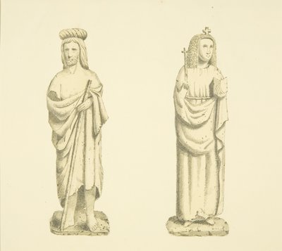 Två figurer i nischer av Tower of St Mary Redcliffe (akvarell på papper) av Joseph Manning