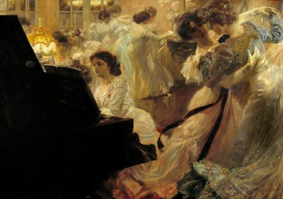 Belle epoque: "White Ball" Kväll med unga kvinnor i vitt dansande och pianospelande av Joseph Marius Avy (1871-1939) 1903 av Joseph Marius Avy