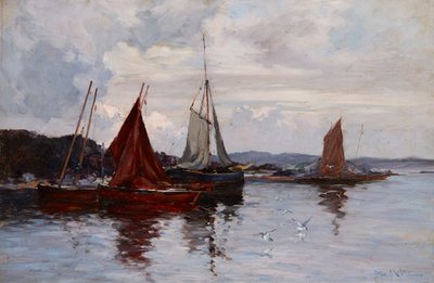 Fiskebåtar i hamnen (olja på duk) av Joseph Milne
