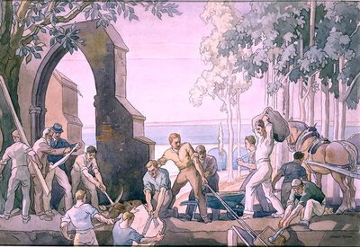 Men at Work, ca 1920-talet (penna & bläck och akvarell på papper) av Joseph Milner