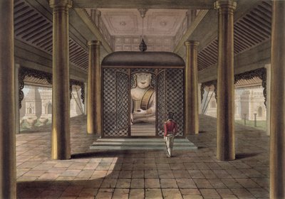 En soldat som står i ett Rangoon-tempel, graverad av George Hunt, 1825 (färgad akvatint) av Joseph Moore